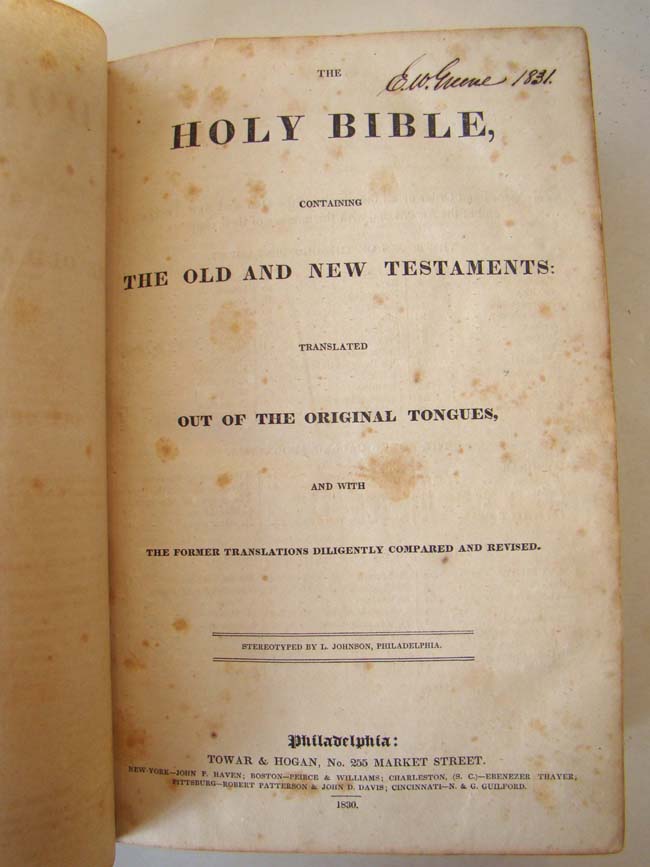 A HOLY BIBLE published by Towar & Hogan, Philadelphia, 1830, with family history and inscriptions — image 2